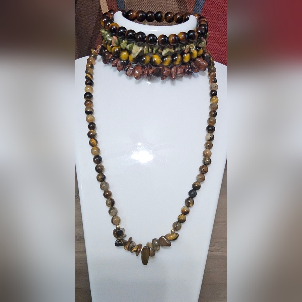 Five Piece Tiger Eye Stone Bracelet And Necklace Set 8 Mm Unisex Design